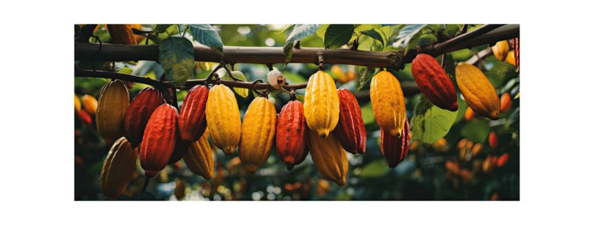 cocoa pods hanging on a cocoa tree