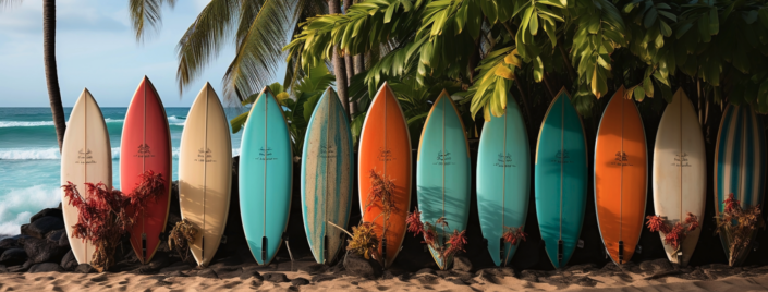 Colorful Surfboards lined up on a tropical beach