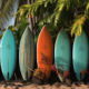 Colorful Surfboards lined up on a tropical beach