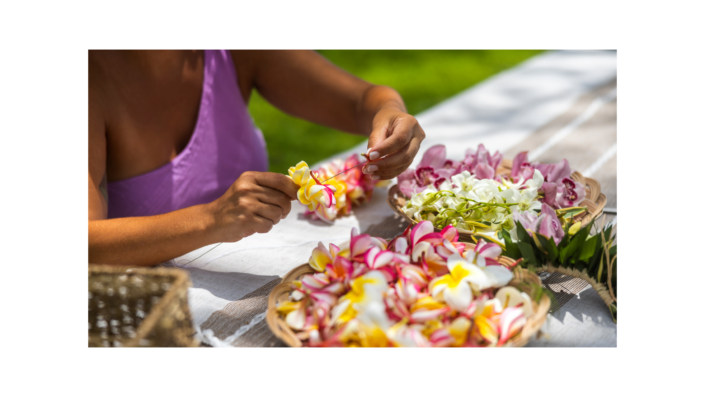 Showing a person making Leis