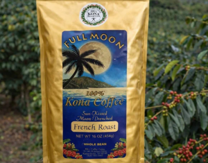 Bag of Full Moon 100% Kona Coffee French Roast whole bean in a coffee farm field on the Big Island