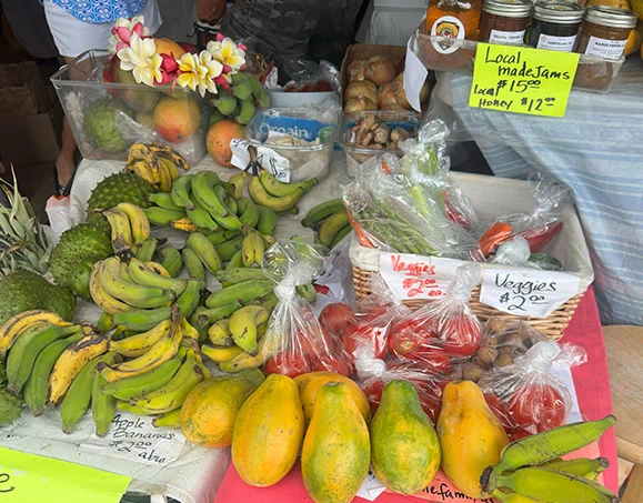 Local fruit stand at Kona farmers market with tropical bananas, papayas, and homemade jams and honey