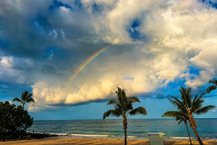Rainbow over Magic Sands Beach in Kona, Hawaii with palm trees and dramatic clouds