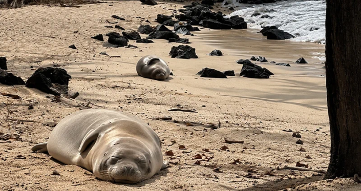 Monk seals on the beach in Hawaii